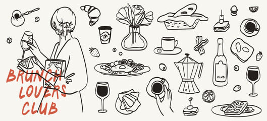 Hand drawn chalk food illustrations set. Sketch style breakfast, lunch icons. Wine glass, coffee, croissant, waffles and wine drawings for invitations, menus and parties. La dolce vita italian style.