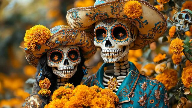 Catrina and catrin posing with cempasuchil flowers