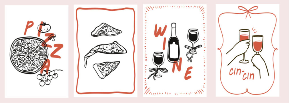 Minimalist hand drawn pizza illustration for wall art collection in simple doodle line style. Pizza and wine kitchen poster, placard, banner or menu design. Italian food and drink vector illustration.