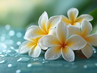 Handdoek met foto White Plumeria Flowers with Dew Drops on Teal Background