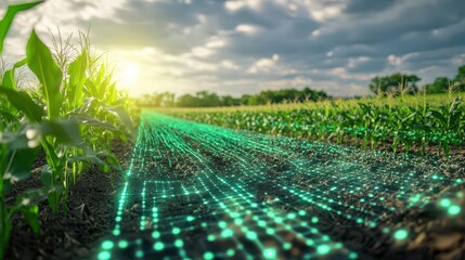 agricultural field filled with corn, featuring holographic data overlays that illustrate technological advances in farming. the futuristic approach highlights innovation in agricultural practices