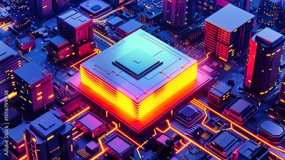 Poster a vibrant advanced chip at the core of a futuristic cityscape teeming with data and intricate electr