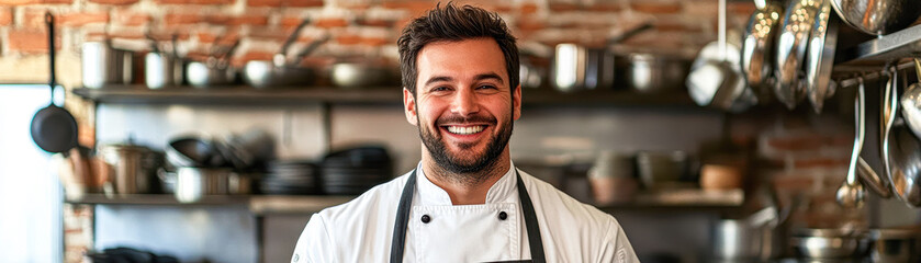 Obraz premium A smiling chef stands in front of a kitchen with many pots