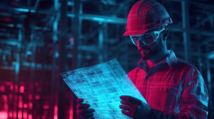 A construction worker examines blueprints in a high-tech environment.