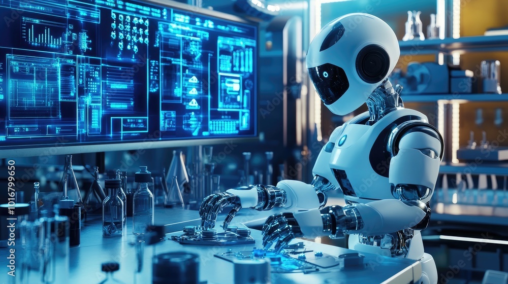 Poster a fun 3d cartoon image of a robot building a futuristic device in a lab filled with scientific tools