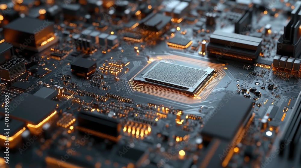 Poster a close-up of a computer motherboard with visible network components, highlighting the intricate des