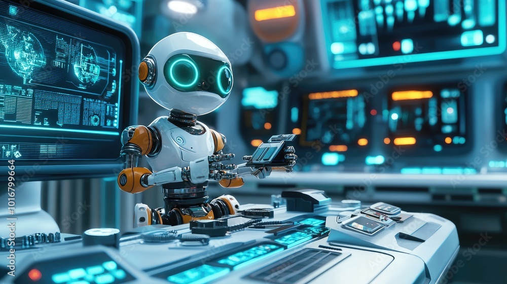 Poster a fun 3d cartoon image of a robot building a futuristic device in a lab filled with scientific tools