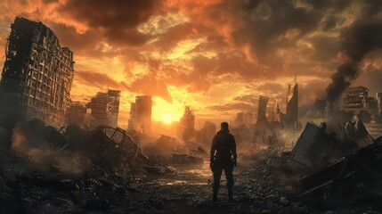 Fototapeta premium an evocative game art piece depicting a hero at a critical juncture in a post-apocalyptic world, showcasing resilience amidst crumbling structures and a dramatic sky, filled with tension and hope