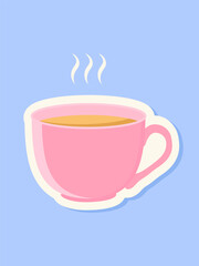 Pink cup with hot coffee drink isolated on a blue background as a sticker. Vector.