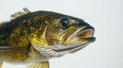 close up view highlights the unique anatomy and vibrant coloration of the Micropterus salmoides commonly known as bass. This species is exhibited in detail emphasizing its allure.