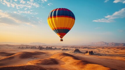 Obraz premium A vibrant shot of a colorful hot air balloon floating over a scenic desert landscape, with golden sands and clear skies, symbolizing unique travel experiences