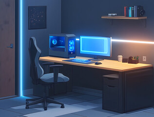 Modern Gaming Desk with Blue Neon Lights, Apple MacBook Pro, and Dual Monitors
