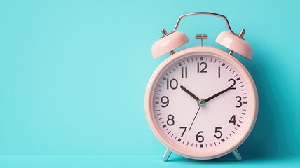A pink alarm clock displaying the time on a pastel blue background, symbolizing punctuality and time management.