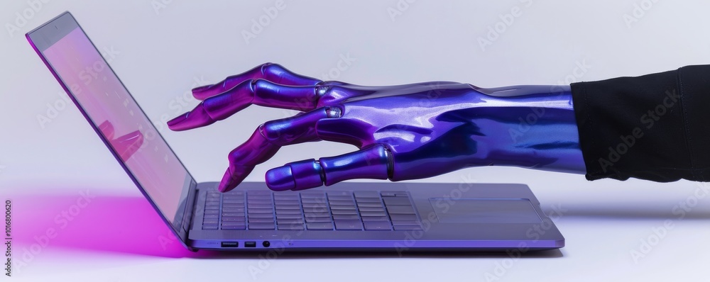 Poster futuristic robotic hand typing on a laptop, showcasing the blend of technology and human interaction