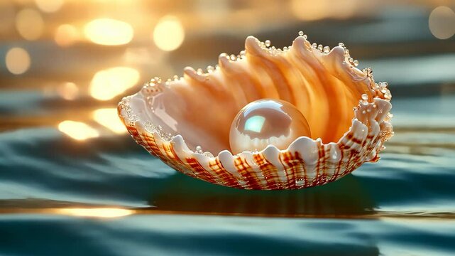 Seashell holding glowing pearl floating on water
