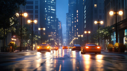 A vibrant modern city street at night with illuminated cars and futuristic LED lights creating a stunning urban atmosphere