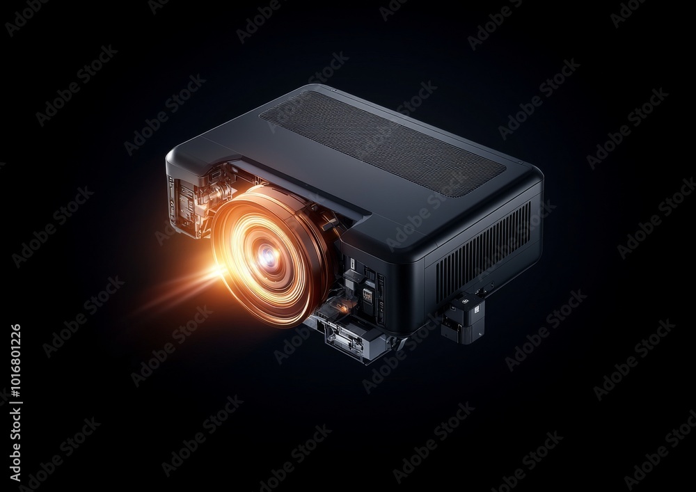 Poster Detailed 3D Exploded View of a Modern Projector with Lens Light Source and Cooling System