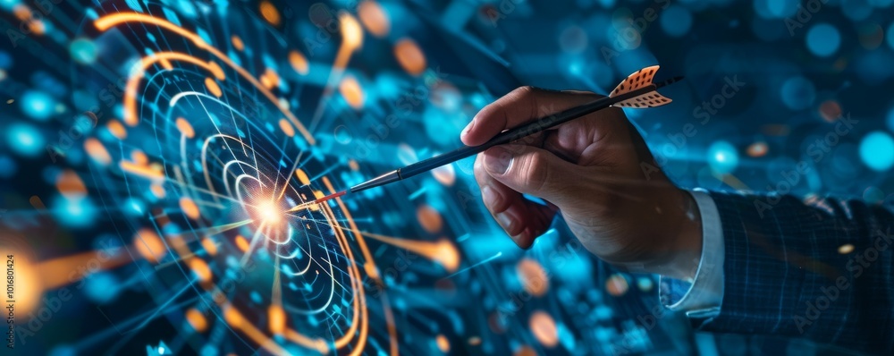 Poster A close-up of a hand interacting with vibrant digital elements, representing advanced technology and innovation with dynamic light effects.