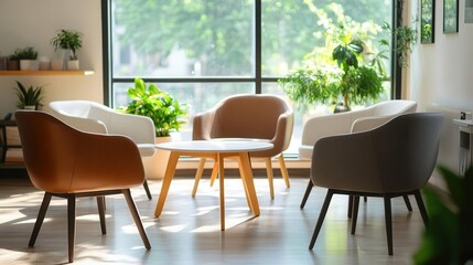 Fototapeta premium chairs arranged thoughtfully in a psychologist's office, creating a warm and inviting space for group therapy, with natural light gently illuminating the room's calming colors