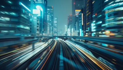 Dynamic cityscape with light trails of vehicles, showcasing urban movement and energy at night. A blend of vibrant colors and motion creates excitement.