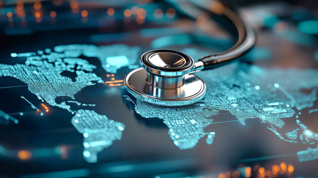 A close-up view of a 3D stethoscope resting on a digital world map, highlighting global healthcare connections and medical technology advancements