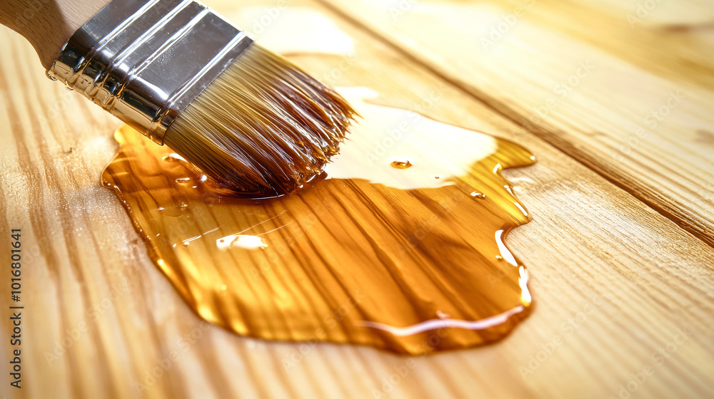 Poster a close-up view of a brush applying clear varnish to a wooden surface, highlighting the polished eff