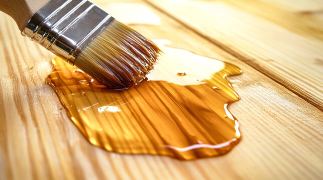 A close-up view of a brush applying clear varnish to a wooden surface, highlighting the polished effect on light pine boards in a rustic setting