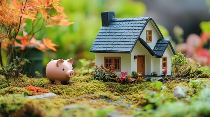 charming small house next to a piggy bank, symbolizing savings for a future home, with a quaint garden setting that evokes warmth and comfort