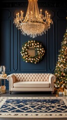 Obraz premium This cozy living room features a modern sofa and coffee table, adorned for Christmas with a decorated tree and thoughtful holiday decor against a soft blue wall