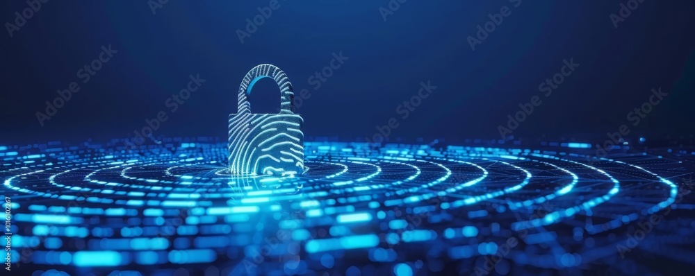 Poster a digital padlock with a fingerprint design, surrounded by glowing blue concentric circles, represen