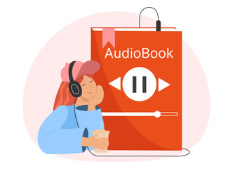 Girl listens to an audiobook.Flat vector illustration.
