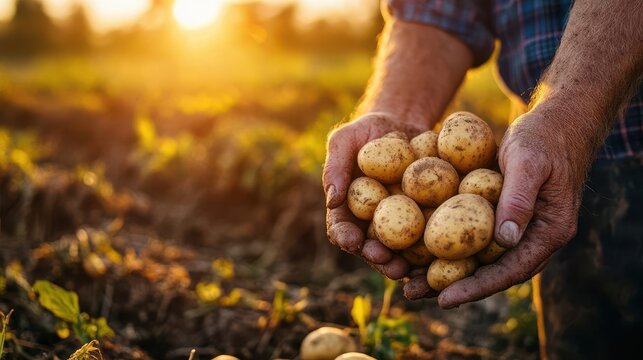 close-up of a farmer's hands cradling freshly harvested potatoes against a backdrop of a golden sunset in a harvest field, symbolizing hard work, connection to the land, and the beauty of agriculture - Powered by Adobe