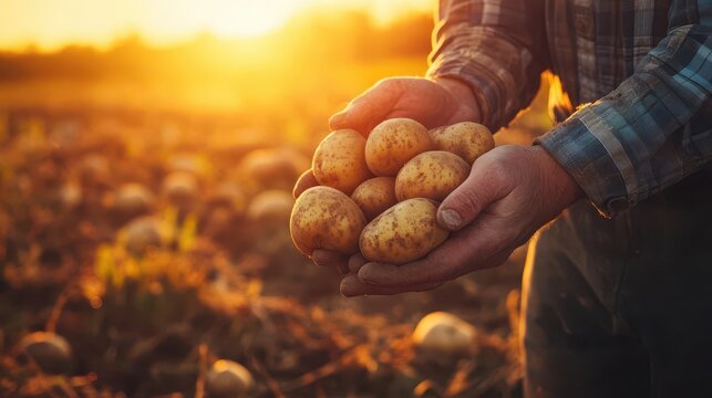 close-up of a farmer's hands cradling freshly harvested potatoes against a backdrop of a golden sunset in a harvest field, symbolizing hard work, connection to the land, and the beauty of agriculture