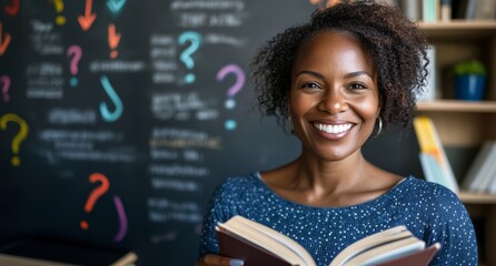 Confident Reader: A smiling Black woman holds an open book in front of a chalkboard filled with question marks, radiating intelligence and a thirst for knowledge.