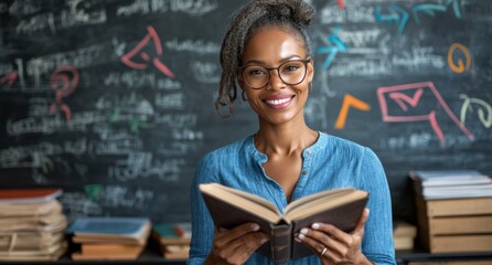 Teacher's Passion: A radiant teacher, her smile reflecting the joy of knowledge, holds an open book against a backdrop of a chalkboard filled with vibrant equations and illustrations.