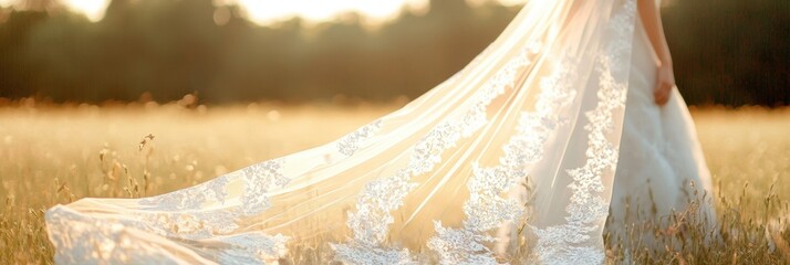 Obraz premium Bride's lace veil dancing in the breeze, illuminated by sunlight, framed by a serene, blooming field, capturing a moment of elegance and grace