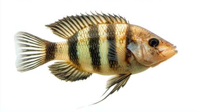 Convict Cichlid displays its striking black and white stripes a popular choice for freshwater aquariums known for its intriguing behavior and vibrant appearance.