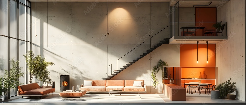 Poster cutting edge interior design showcasing a minimalist and modern living space with an optimized layou