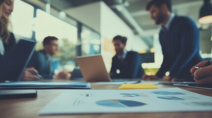 collaborative business team engaged in project discussions around a table, highlighting the dynamic interactions and teamwork in a modern office environment