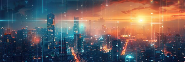 Fototapeta premium Futuristic cityscape with glowing lights and digital rain.