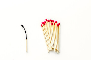 Symbol of danger with matches on white background top view