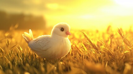 illustration of a cute baby pigeon in a bright, grassy field with golden hour lighting