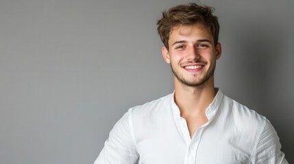confident young man in a casual white shirt flashes a charming smile against a smooth grey backdrop, exuding warmth and approachability in this portrait shot