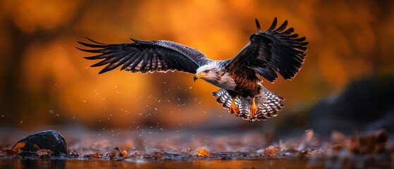 Obraz premium A bird flies over a body of water, its wings spread wide