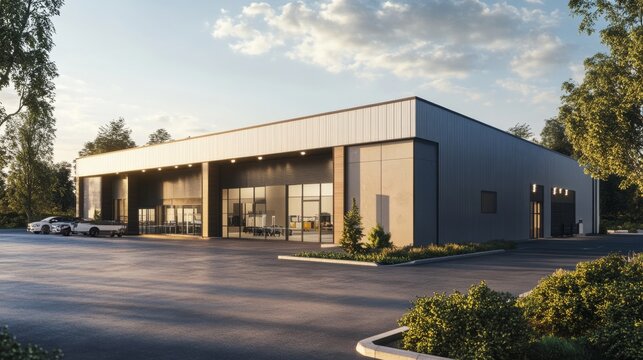exterior of a modern warehouse with a small office unit