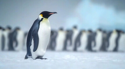 Obraz premium Group of king penguins coming back together from sea to beach with waves in the background