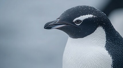 Naklejka premium Close Up of Chinstrap Penguin with Snow on its Feathers