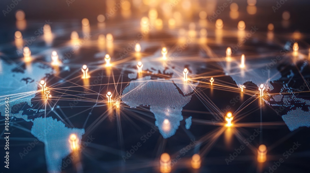 Poster a digital world map interconnected by glowing lines and nodes, symbolizing global connectivity.