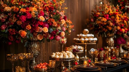 Elegant and opulent backdrop for a glamorous a lavish floral display with lush bouquets shimmering golden accents and a chic sophisticated ambiance