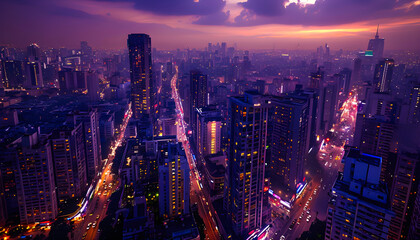 Fototapeta premium Top-down nighttime cityscape featuring glowing skyscrapers, illuminated windows, and vibrant urban lights, capturing the dense, bustling energy of the city